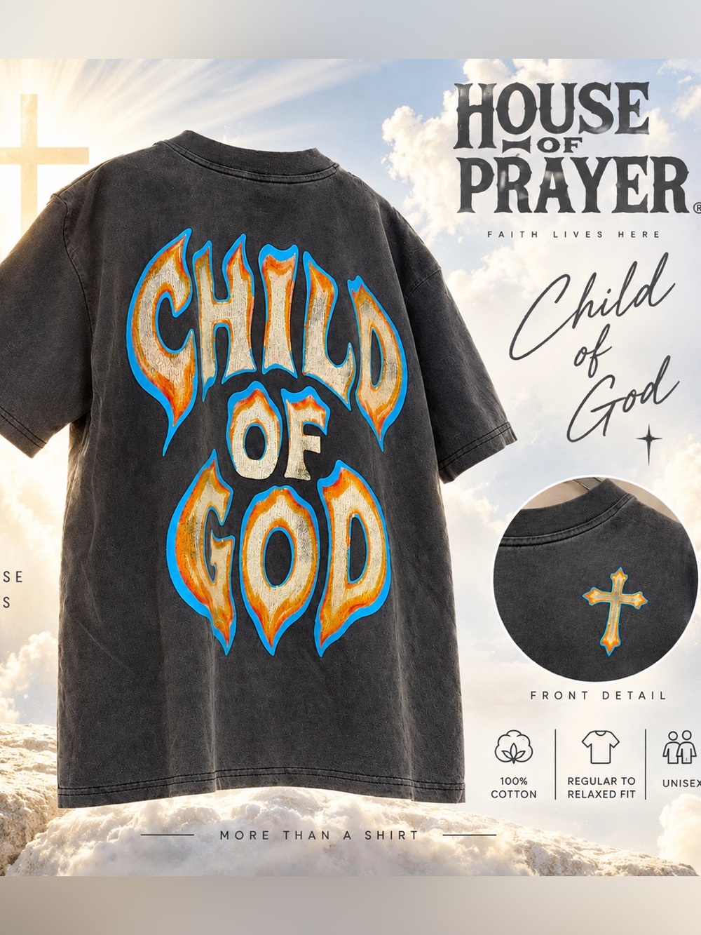 HOUSE OF PRAYER Child of God Unisex Washed Gray Graphic T-Shirt Size L